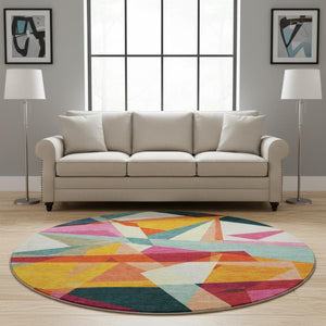 HomeRoots 8' Ivory Orange and Pink Geometric Washable Round Rug - Durable, Stain-Resistant, UV Protected Design 696533