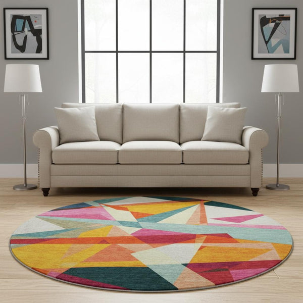 HomeRoots 8' Ivory Orange and Pink Geometric Washable Round Rug - Durable, Stain-Resistant, UV Protected Design 696533