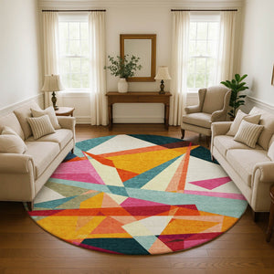 HomeRoots 8' Ivory Orange and Pink Geometric Washable Round Rug - Durable, Stain-Resistant, UV Protected Design 696533