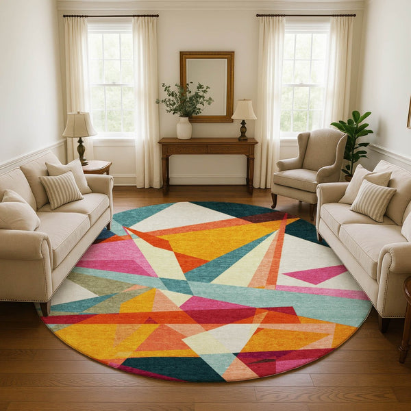 HomeRoots 8' Ivory Orange and Pink Geometric Washable Round Rug - Durable, Stain-Resistant, UV Protected Design 696533