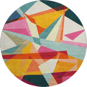HomeRoots 8' Ivory Orange and Pink Geometric Washable Round Rug - Durable, Stain-Resistant, UV Protected Design 696533