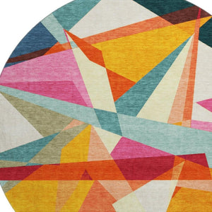 HomeRoots 8' Ivory Orange and Pink Geometric Washable Round Rug - Durable, Stain-Resistant, UV Protected Design 696533