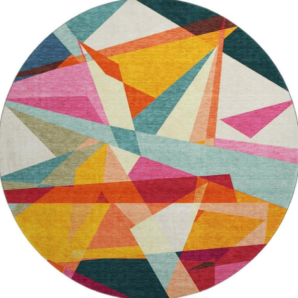 HomeRoots 8' Ivory Orange and Pink Geometric Washable Round Rug - Durable, Stain-Resistant, UV Protected Design 696533