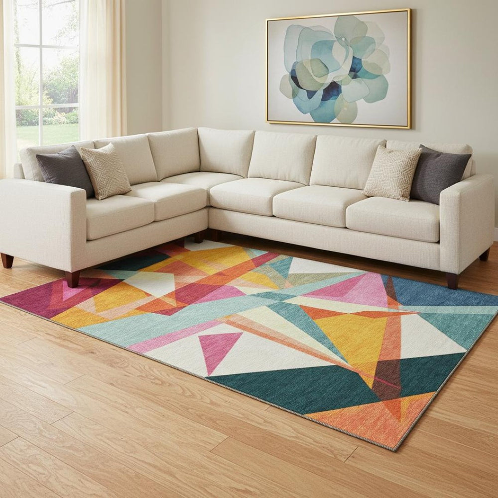 HomeRoots 8' X 10' Stylish Ivory, Orange & Pink Geometric Washable Area Rug with UV Defense & Non-Slip Backing 696534