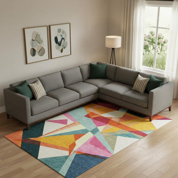 HomeRoots 9' X 12' Geometric Washable Area Rug in Ivory, Orange & Pink - UV-Protected, Stain-Resistant Design 696535
