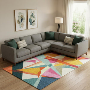 HomeRoots 10' X 14' Modern Geometric Area Rug in Ivory, Orange & Pink - Washable, UV-Protected & Stain-Resistant 696536