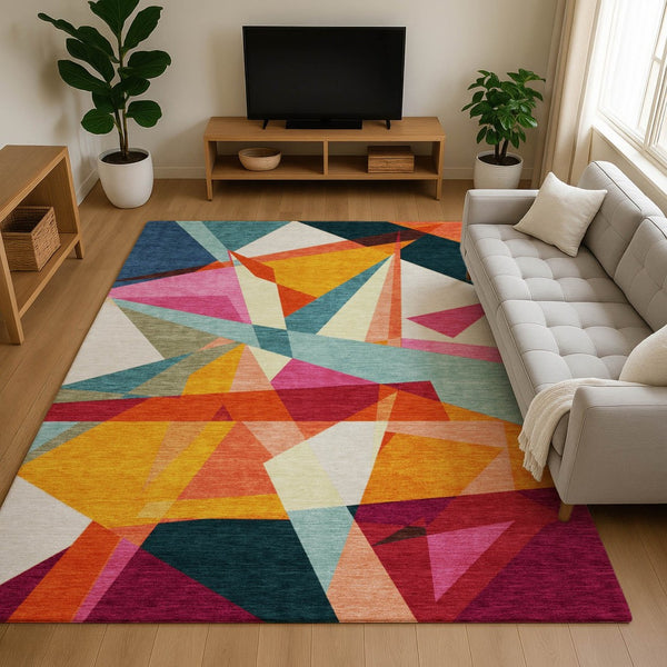 HomeRoots 10' X 14' Modern Geometric Area Rug in Ivory, Orange & Pink - Washable, UV-Protected & Stain-Resistant 696536