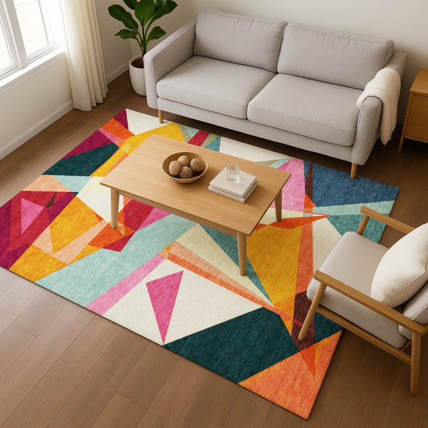 HomeRoots 10' X 14' Modern Geometric Area Rug in Ivory, Orange & Pink - Washable, UV-Protected & Stain-Resistant 696536