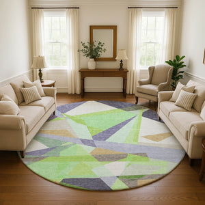 HomeRoots 8' Modern Geometric Round Rug in Soft Lavender Green & Ivory - Washable, UV Protected & Non-Slip 696539