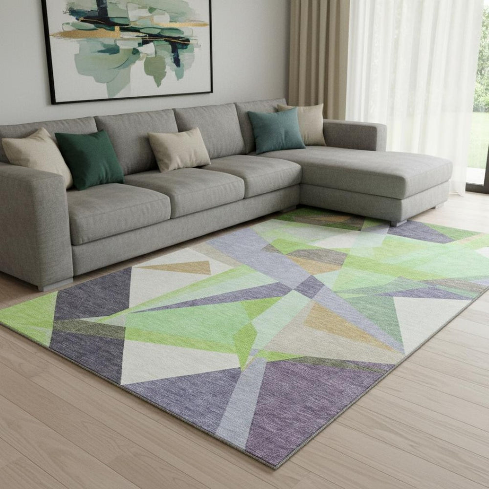 HomeRoots 8' X 10' Geometric Area Rug in Lavender Green & Ivory - Washable, UV-Protected, Non-Slip Design 696540