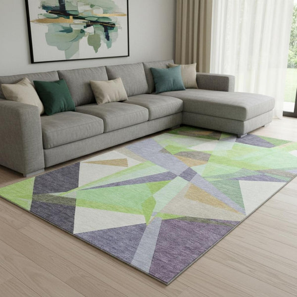 HomeRoots 8' X 10' Geometric Area Rug in Lavender Green & Ivory - Washable, UV-Protected, Non-Slip Design 696540