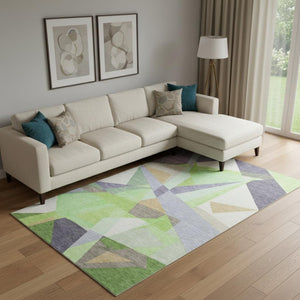 HomeRoots 9' X 12' Modern Geometric Lavender Green & Ivory Washable Area Rug with UV Protection & Non-Slip 696541