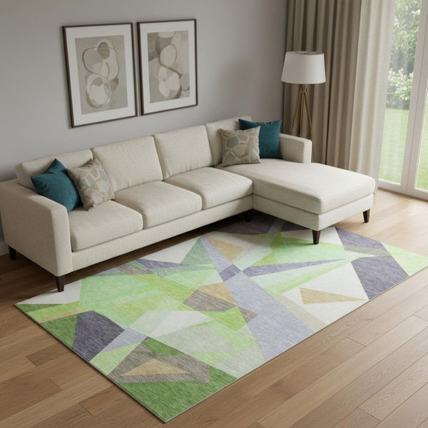 HomeRoots 9' X 12' Modern Geometric Lavender Green & Ivory Washable Area Rug with UV Protection & Non-Slip 696541