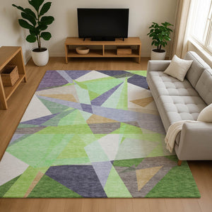 HomeRoots 9' X 12' Modern Geometric Lavender Green & Ivory Washable Area Rug with UV Protection & Non-Slip 696541
