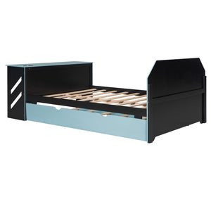 English Elm Full Size Wood Daybed with Twin Trundle Desk and Usb Charging for Teen Rooms Blue LT000262AAC