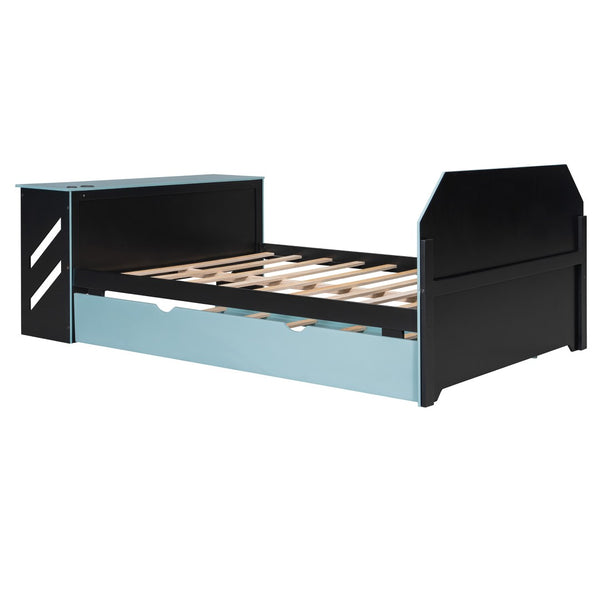 English Elm Full Size Wood Daybed with Twin Trundle Desk and Usb Charging for Teen Rooms Blue LT000262AAC