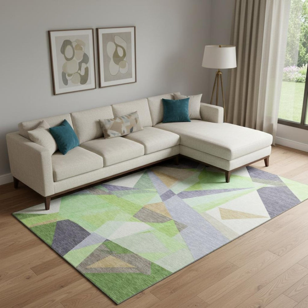 HomeRoots 10' X 14' Modern Lavender Green & Ivory Geometric Area Rug – Washable, Stain-Resistant, UV Protected 696542