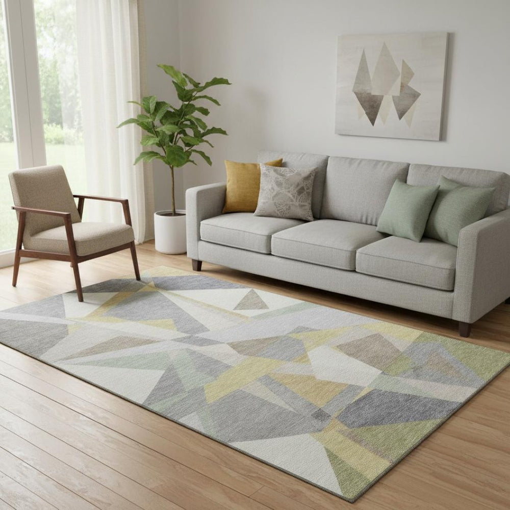 HomeRoots 5' X 8' Geometric Washable Area Rug in Pewter, Ivory & Wheat - UV-Resistant, Durable & Stylish Design 696544