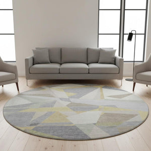 HomeRoots 8' Washable Round Rug in Pewter, Ivory & Wheat - Modern Geometric Design with UV Protection & Durability 696545
