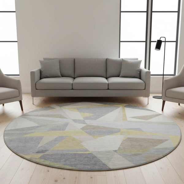 HomeRoots 8' Washable Round Rug in Pewter, Ivory & Wheat - Modern Geometric Design with UV Protection & Durability 696545