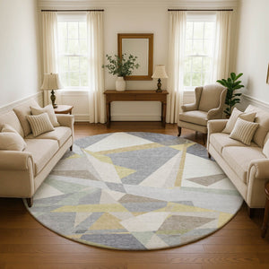 HomeRoots 8' Washable Round Rug in Pewter, Ivory & Wheat - Modern Geometric Design with UV Protection & Durability 696545