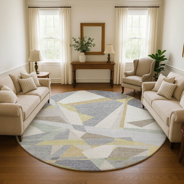 HomeRoots 8' Washable Round Rug in Pewter, Ivory & Wheat - Modern Geometric Design with UV Protection & Durability 696545