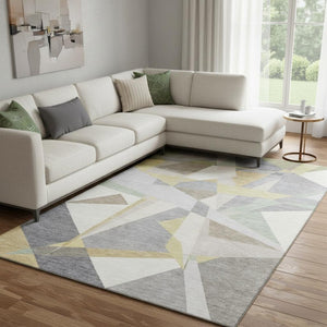 HomeRoots 8' X 10' Stylish Geometric Area Rug in Pewter, Ivory & Wheat - Washable, UV-Protected, Durable Design 696546