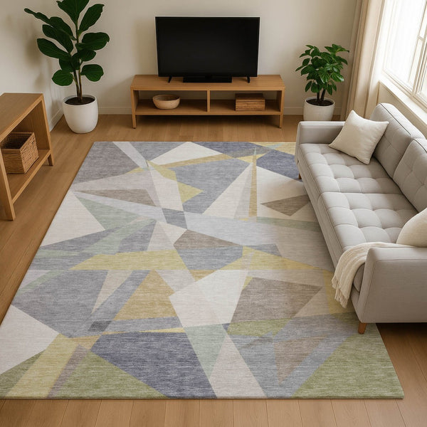 HomeRoots 8' X 10' Stylish Geometric Area Rug in Pewter, Ivory & Wheat - Washable, UV-Protected, Durable Design 696546