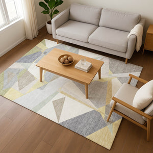 HomeRoots 8' X 10' Stylish Geometric Area Rug in Pewter, Ivory & Wheat - Washable, UV-Protected, Durable Design 696546