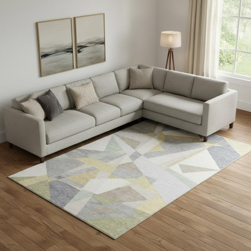 HomeRoots 9' X 12' Washable Geometric Area Rug in Pewter, Ivory & Wheat with UV Protection for Busy Homes 696547