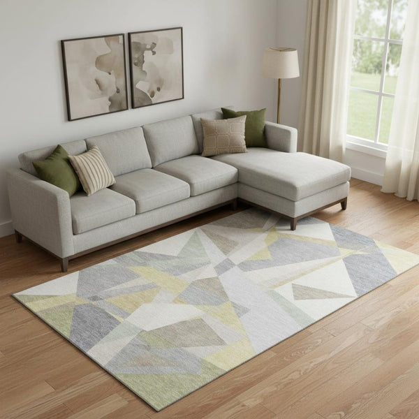 HomeRoots 10' X 14' Geometric Area Rug in Pewter, Ivory & Wheat – Washable, Stylish, UV Protected & Non-Slip! 696548