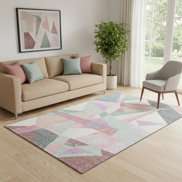 HomeRoots 5' X 8' Stylish Pale Aqua, Blush & Sage Geometric Area Rug – Durable, Washable & UV Resistant Design 696550