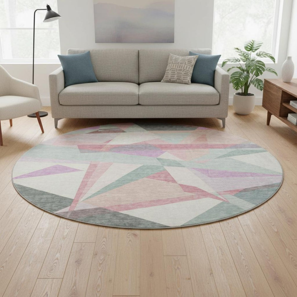 HomeRoots 8' Modern Geometric Washable Round Rug in Pale Aqua, Blush & Sage - Durable, Stain-Resistant Design 696551