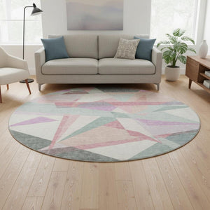 HomeRoots 8' Modern Geometric Washable Round Rug in Pale Aqua, Blush & Sage - Durable, Stain-Resistant Design 696551