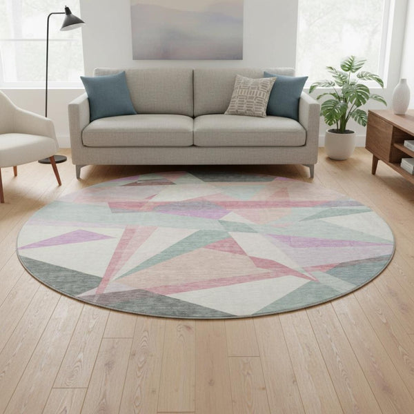 HomeRoots 8' Modern Geometric Washable Round Rug in Pale Aqua, Blush & Sage - Durable, Stain-Resistant Design 696551