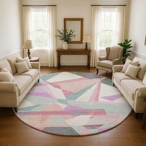 HomeRoots 8' Modern Geometric Washable Round Rug in Pale Aqua, Blush & Sage - Durable, Stain-Resistant Design 696551