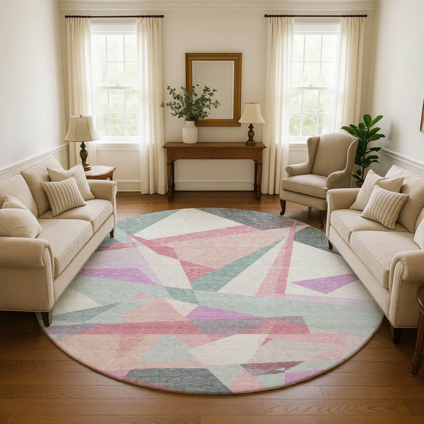 HomeRoots 8' Modern Geometric Washable Round Rug in Pale Aqua, Blush & Sage - Durable, Stain-Resistant Design 696551