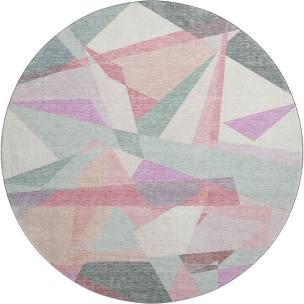 HomeRoots 8' Modern Geometric Washable Round Rug in Pale Aqua, Blush & Sage - Durable, Stain-Resistant Design 696551