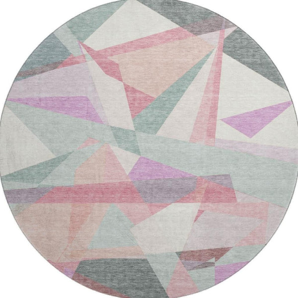 HomeRoots 8' Modern Geometric Washable Round Rug in Pale Aqua, Blush & Sage - Durable, Stain-Resistant Design 696551