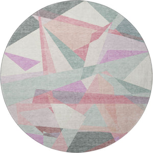 HomeRoots 8' Modern Geometric Washable Round Rug in Pale Aqua, Blush & Sage - Durable, Stain-Resistant Design 696551