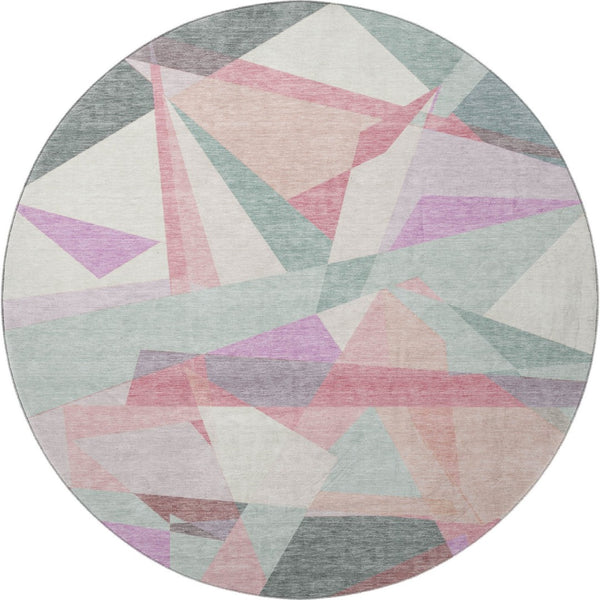 HomeRoots 8' Modern Geometric Washable Round Rug in Pale Aqua, Blush & Sage - Durable, Stain-Resistant Design 696551