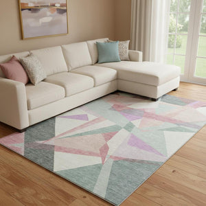 HomeRoots 8' X 10' Durable Pale Aqua, Blush & Sage Geometric Area Rug with Stain Resistance & UV Protection 696552