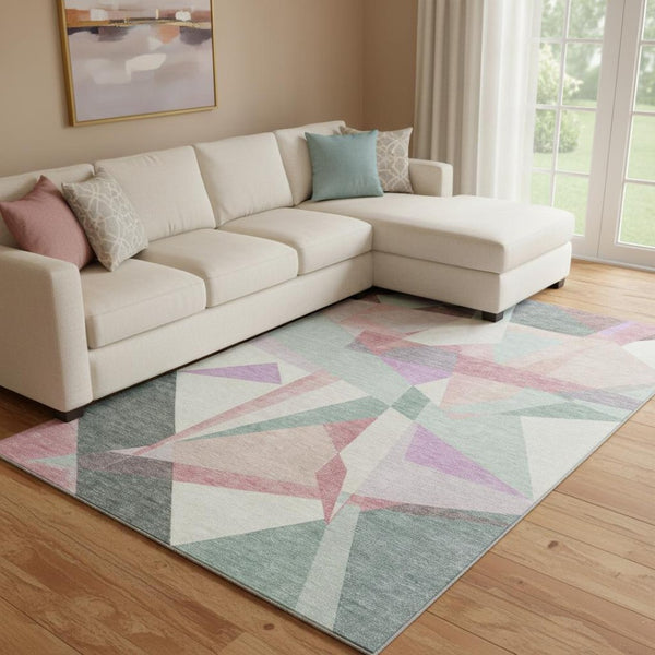 HomeRoots 8' X 10' Durable Pale Aqua, Blush & Sage Geometric Area Rug with Stain Resistance & UV Protection 696552