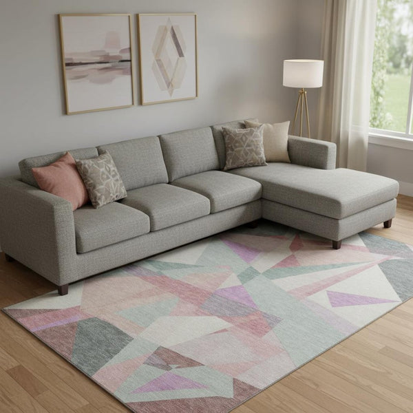 HomeRoots 9' X 12' Stylish Pale Aqua Blush & Sage Geometric Area Rug - Washable, UV Protected & Durable Design 696553