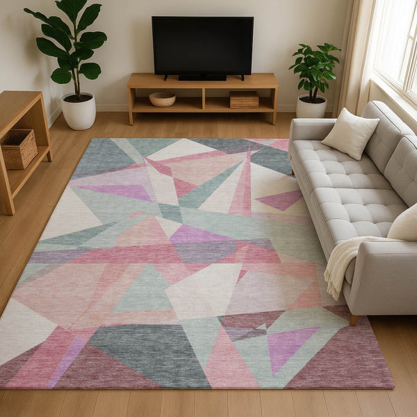 HomeRoots 9' X 12' Stylish Pale Aqua Blush & Sage Geometric Area Rug - Washable, UV Protected & Durable Design 696553