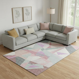 HomeRoots 10' X 14' Geometric Area Rug in Pale Aqua, Blush & Sage - Washable, UV-Protected, Stain-Resistant! 696554