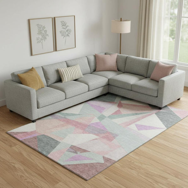 HomeRoots 10' X 14' Geometric Area Rug in Pale Aqua, Blush & Sage - Washable, UV-Protected, Stain-Resistant! 696554
