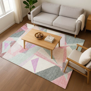 HomeRoots 10' X 14' Geometric Area Rug in Pale Aqua, Blush & Sage - Washable, UV-Protected, Stain-Resistant! 696554