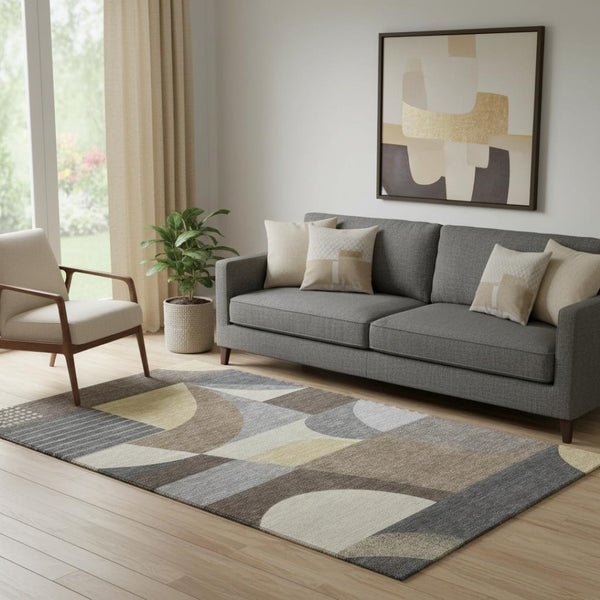 HomeRoots 5' X 8' Geometric Washable Area Rug in Brown, Gray & Ivory - Durable, UV Protected, Kid-Friendly Design 696556