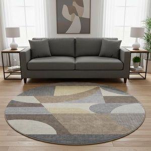 HomeRoots 8' Washable Round Rug with Modern Geometric Design in Brown, Gray, Ivory - UV Protected & Stain-Resistant! 696557